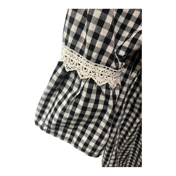 STUDIO WEST APPAREL BLACK AND WHITE GINGHAM SMOCKED FLARE LACE DETAIL SLEEVES - Picture 4 of 16